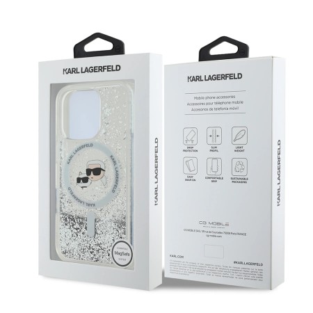 Husa pentru iPhone 16 Pro - Karl Lagerfeld Liquid Glitter MagSafe (KLHMP16LLGKCSGH) - Clear KarlandChoupette Head