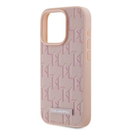 Husa iPhone 15 Pro - Karl Lagerfeld Leather MagSafe (KLHMP15LPKHPORPP) - Pink Monogram Metal Logo