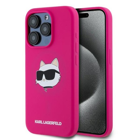 Husa pentru iPhone 15 Pro - Karl Lagerfeld Silicone MagSafe (KLHMP15LSCHPPLF) - Fuchsia Choupette Head