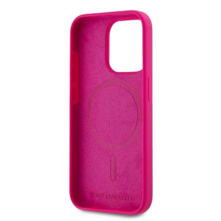 Husa pentru iPhone 15 Pro - Karl Lagerfeld Silicone MagSafe (KLHMP15LSCHPPLF) - Fuchsia Choupette Head