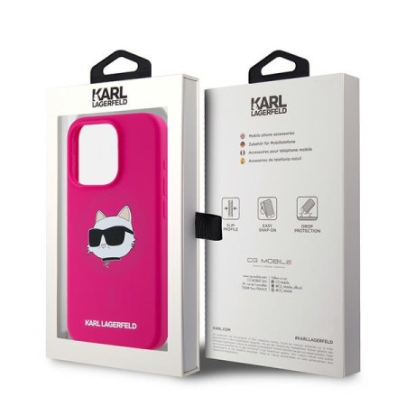 Husa pentru iPhone 15 Pro - Karl Lagerfeld Silicone MagSafe (KLHMP15LSCHPPLF) - Fuchsia Choupette Head