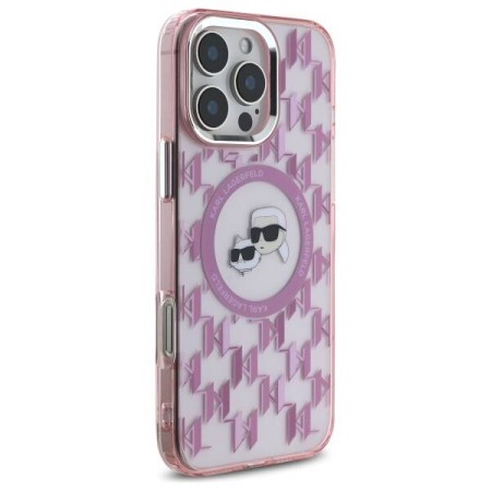 Husa pentru iPhone 16 Pro - Karl Lagerfeld IML MagSafe (KLHMP16LHMCKMHP) - Pink Monogram KarlandChoupette Head