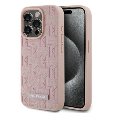 Husa iPhone 15 Pro Max - Karl Lagerfeld Leather MagSafe (KLHMP15XPKHPORPP) - Pink Monogram Metal Logo