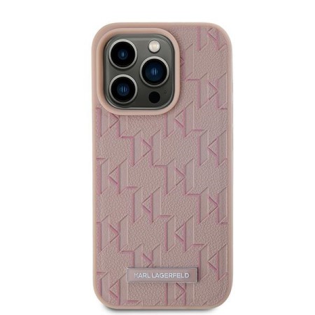 Husa iPhone 15 Pro Max - Karl Lagerfeld Leather MagSafe (KLHMP15XPKHPORPP) - Pink Monogram Metal Logo