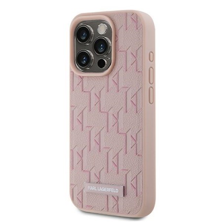 Husa iPhone 15 Pro Max - Karl Lagerfeld Leather MagSafe (KLHMP15XPKHPORPP) - Pink Monogram Metal Logo