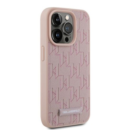 Husa iPhone 15 Pro Max - Karl Lagerfeld Leather MagSafe (KLHMP15XPKHPORPP) - Pink Monogram Metal Logo