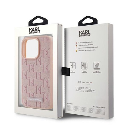 Husa iPhone 15 Pro Max - Karl Lagerfeld Leather MagSafe (KLHMP15XPKHPORPP) - Pink Monogram Metal Logo