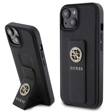 Husa pentru iPhone 15 / iPhone 14 / iPhone 13 - Guess Grip Stand 4G Saffiano Strass (GUHCP15SPGSSADK) - Black