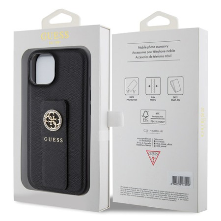 Husa pentru iPhone 15 / iPhone 14 / iPhone 13 - Guess Grip Stand 4G Saffiano Strass (GUHCP15SPGSSADK) - Black