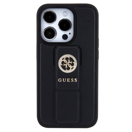 Husa pentru iPhone 15 Pro Max - Guess Grip Stand 4G Saffiano Strass (GUHCP15XPGSSADK) - Black