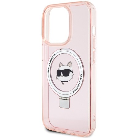 Husa pentru iPhone 15 Pro Max - Karl Lagerfeld Hardcase Ring Stand MagSafe (KLHMP15XHMRSCHP) - Pink Choupette Head