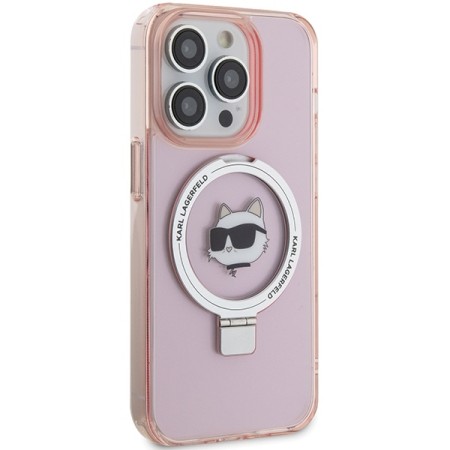 Husa pentru iPhone 15 Pro Max - Karl Lagerfeld Hardcase Ring Stand MagSafe (KLHMP15XHMRSCHP) - Pink Choupette Head