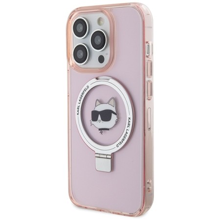 Husa pentru iPhone 15 Pro Max - Karl Lagerfeld Hardcase Ring Stand MagSafe (KLHMP15XHMRSCHP) - Pink Choupette Head