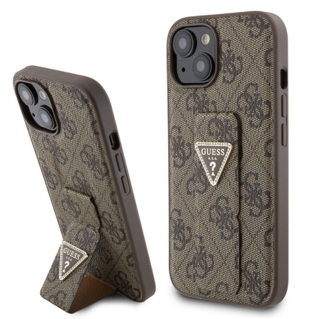 Husa pentru iPhone 15 / iPhone 14 / iPhone 13 - Guess Grip Stand 4G Triangle Strass (GUHCP15SPGS4TDW) - Brown