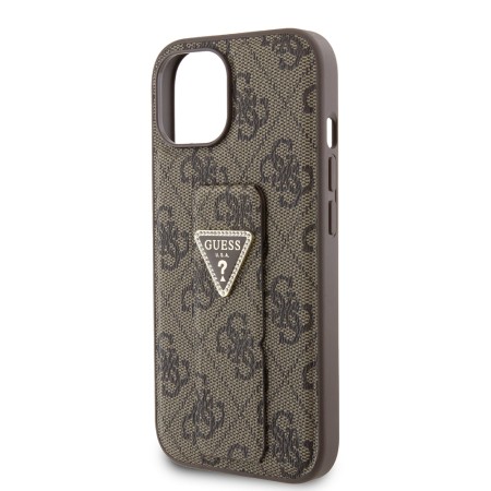 Husa pentru iPhone 15 / iPhone 14 / iPhone 13 - Guess Grip Stand 4G Triangle Strass (GUHCP15SPGS4TDW) - Brown