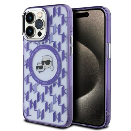 Husa pentru iPhone 15 Pro Max - Karl Lagerfeld IML MagSafe (KLHMP15XHMCKMHU) - Purple Monogram KarlandChoupette Head