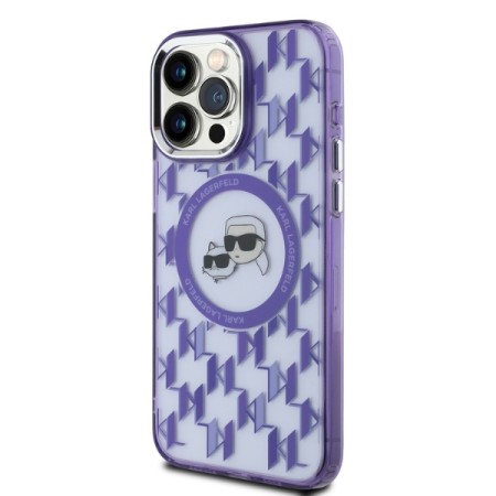 Husa pentru iPhone 15 Pro Max - Karl Lagerfeld IML MagSafe (KLHMP15XHMCKMHU) - Purple Monogram KarlandChoupette Head