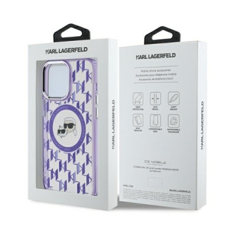 Husa pentru iPhone 15 Pro Max - Karl Lagerfeld IML MagSafe (KLHMP15XHMCKMHU) - Purple Monogram KarlandChoupette Head