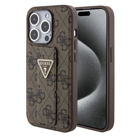 Husa pentru iPhone 15 Pro - Guess Grip Stand 4G Triangle Strass (GUHCP15LPGS4TDW) - Brown