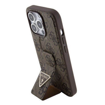 Husa pentru iPhone 15 Pro - Guess Grip Stand 4G Triangle Strass (GUHCP15LPGS4TDW) - Brown