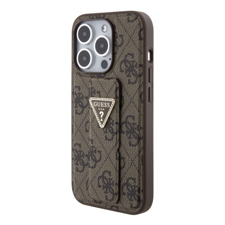 Husa pentru iPhone 15 Pro - Guess Grip Stand 4G Triangle Strass (GUHCP15LPGS4TDW) - Brown