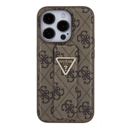 Husa pentru iPhone 15 Pro - Guess Grip Stand 4G Triangle Strass (GUHCP15LPGS4TDW) - Brown