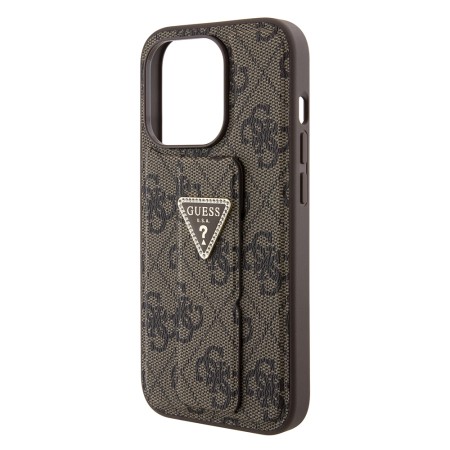 Husa pentru iPhone 15 Pro - Guess Grip Stand 4G Triangle Strass (GUHCP15LPGS4TDW) - Brown