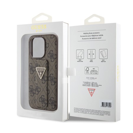 Husa pentru iPhone 15 Pro - Guess Grip Stand 4G Triangle Strass (GUHCP15LPGS4TDW) - Brown