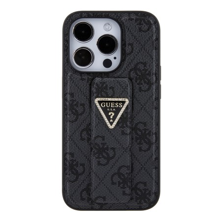 Husa pentru iPhone 15 Pro - Guess Grip Stand 4G Triangle Strass (GUHCP15LPGS4TDK) - Black