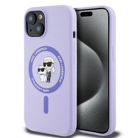 Husa pentru iPhone 15 - Karl Lagerfeld Silicone Ring MagSafe (KLHMP15SSCMKCRHU) - Purple KarlandChoupette Heads