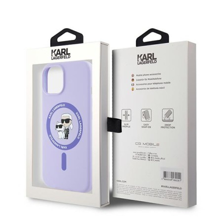 Husa pentru iPhone 15 - Karl Lagerfeld Silicone Ring MagSafe (KLHMP15SSCMKCRHU) - Purple KarlandChoupette Heads