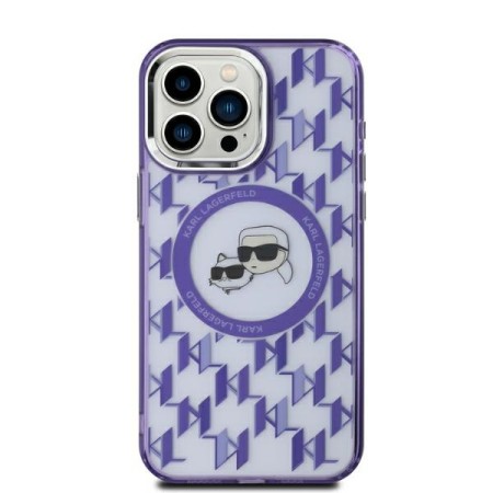 Husa pentru iPhone 15 - Karl Lagerfeld IML MagSafe (KLHMP15SHMCKMHU) - Purple Monogram KarlandChoupette Head