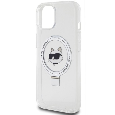 Husa pentru iPhone 15 Plus / iPhone 14 Plus - Karl Lagerfeld Hardcase Ring Stand MagSafe (KLHMP15MHMRSCHH) - White Choupette Head