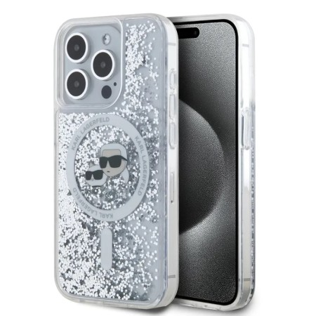 Husa pentru iPhone 15 Pro Max - Karl Lagerfeld Liquid Glitter MagSafe (KLHMP15XLGKCSGH) - Transparent KarlandChoupette Head