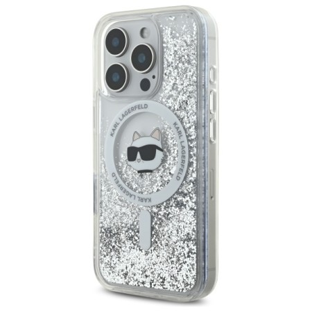 Husa pentru iPhone 16 Pro - Karl Lagerfeld Liquid Glitter MagSafe (KLHMP16LLGCHSGH) - Transparent Choupette Head