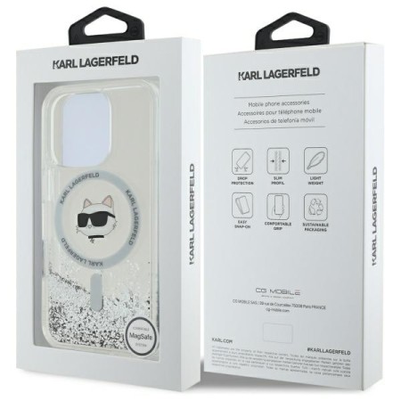 Husa pentru iPhone 16 Pro - Karl Lagerfeld Liquid Glitter MagSafe (KLHMP16LLGCHSGH) - Transparent Choupette Head