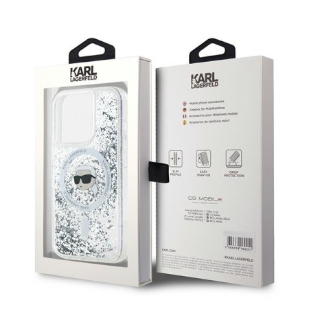 Husa pentru iPhone 16 Pro Max - Karl Lagerfeld Liquid Glitter MagSafe (KLHMP16XLGKISGH) - Transparent Karl Head