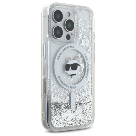 Husa pentru iPhone 16 Pro Max - Karl Lagerfeld Liquid Glitter MagSafe (KLHMP16XLGCHSGH) - Transparent Choupette Head