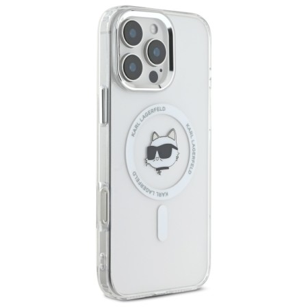 Husa pentru iPhone 16 Pro Max - Karl Lagerfeld IML MagSafe (KLHMP16XHLSCHH) - White Metal Choupettes Head