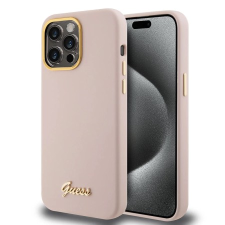 Husa pentru iPhone 15 Pro - Guess Silicone Script Metal Logo and Frame (GUHCP15LSMBSLP) - Light Pink