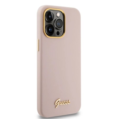 Husa pentru iPhone 15 Pro - Guess Silicone Script Metal Logo and Frame (GUHCP15LSMBSLP) - Light Pink