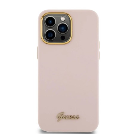 Husa pentru iPhone 15 Pro - Guess Silicone Script Metal Logo and Frame (GUHCP15LSMBSLP) - Light Pink