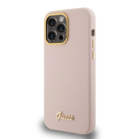 Husa pentru iPhone 15 Pro - Guess Silicone Script Metal Logo and Frame (GUHCP15LSMBSLP) - Light Pink