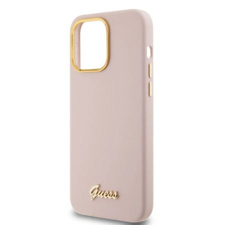 Husa pentru iPhone 15 Pro - Guess Silicone Script Metal Logo and Frame (GUHCP15LSMBSLP) - Light Pink