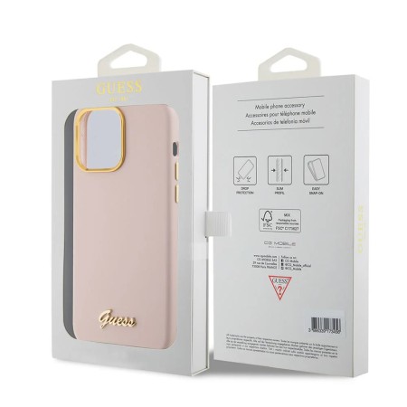 Husa pentru iPhone 15 Pro - Guess Silicone Script Metal Logo and Frame (GUHCP15LSMBSLP) - Light Pink