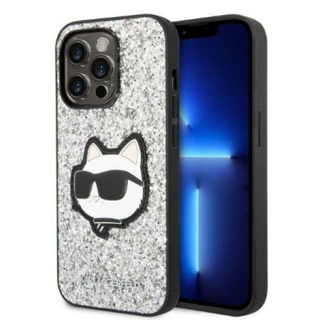 Husa pentru iPhone 14 Pro - Karl Lagerfeld Hardcase Glitter (KLHCP14LG2CPS) - Silver Choupette Patch