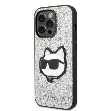 Husa pentru iPhone 14 Pro - Karl Lagerfeld Hardcase Glitter (KLHCP14LG2CPS) - Silver Choupette Patch