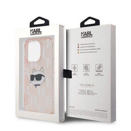 Husa pentru iPhone 14 Pro - Karl Lagerfeld IML Luxury (KLHCP14LHKLPCHP) - Pink Choupette HeadandMonogram