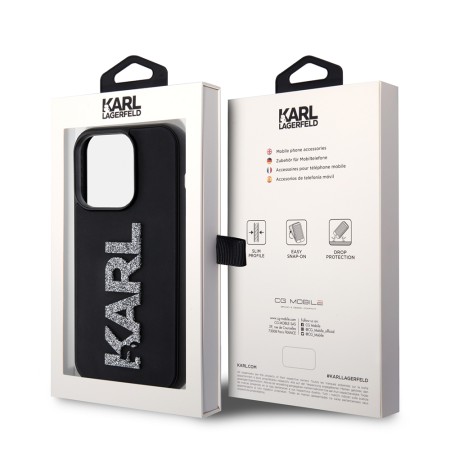 Husa pentru iPhone 15 Pro - Karl Lagerfeld 3D Design (KLHCP15L3DMBKCK) - Rubber Glitter Logo