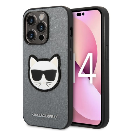 Husa pentru iPhone 14 Pro - Karl Lagerfeld Saffiano (KLHCP14LSAPCHG) - Silver Choupette Head